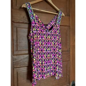 Alice Trixie Pink Geometric Silk Cami V-Neck Strappy Tank Top Made in NYC Size M